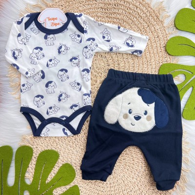  Conj. Body Cachorrinho Azul e Calça - Off White e Marinho